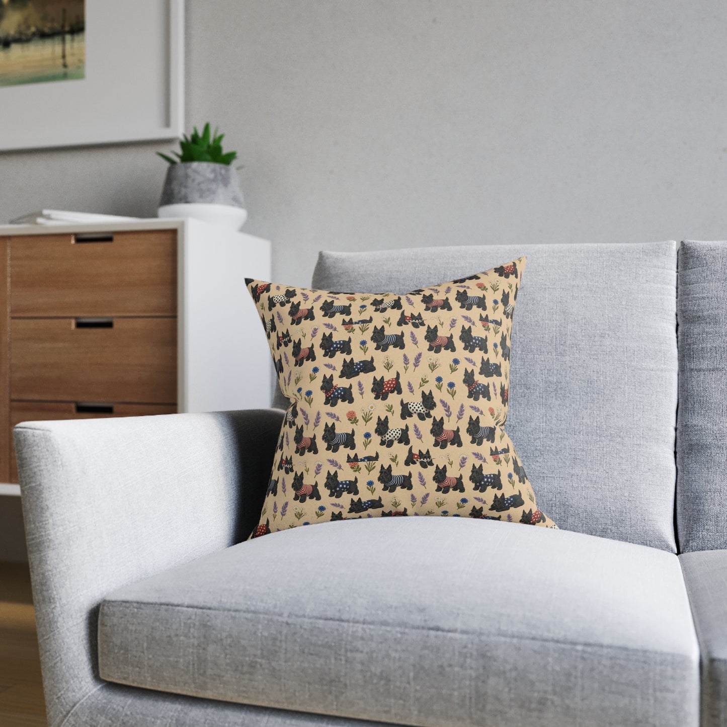 Scottie Dog Pattern Square Pillow - Cute Scottish Terrier Decorative Cushion - householdessential