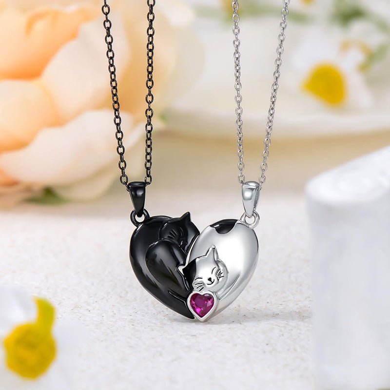 Black White Cute Cat Couple Necklace Set Gift for Couples - householdessential