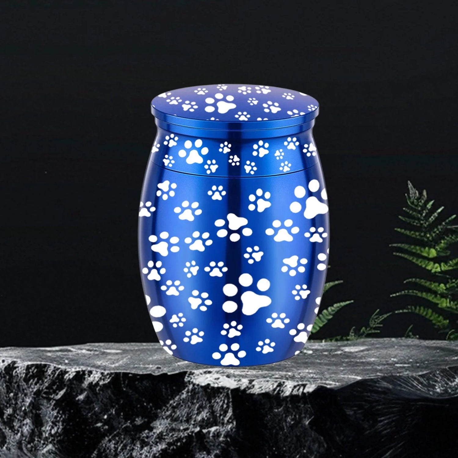 Blue Metal Pet Urn Engraved Paw Small Animal Memorial - householdessential