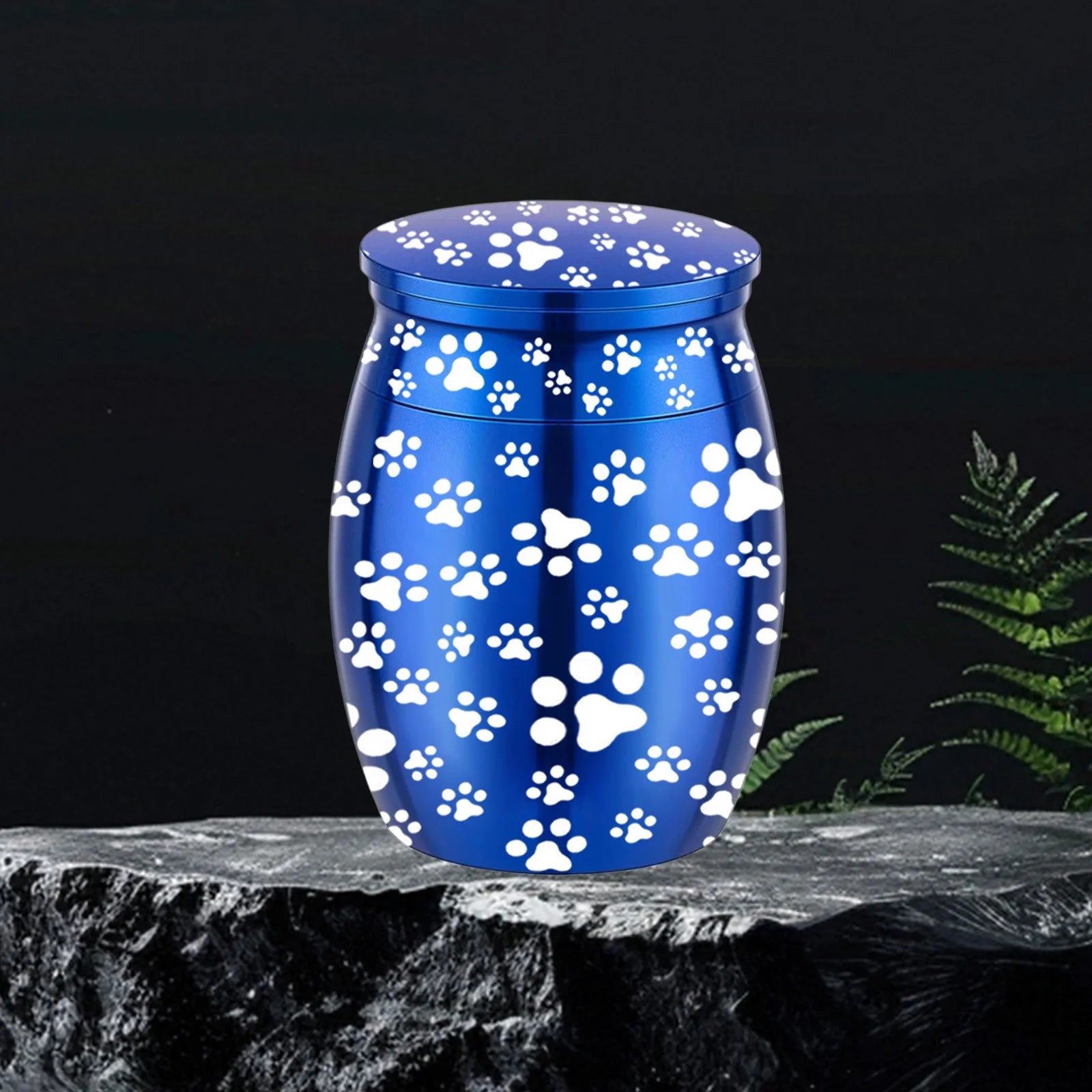 Blue Metal Pet Urn Engraved Paw Small Animal Memorial - householdessential