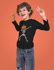 Dabbing Skeleton with Jack O' Lantern Kids Halloween Shirt - Youth Boys Girls Long Sleeve Tee