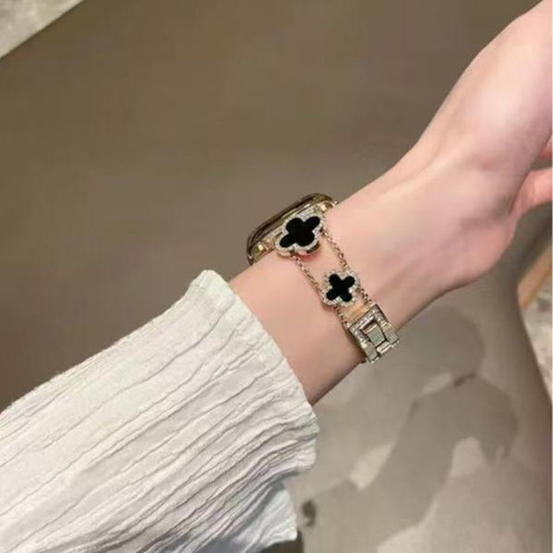 BUREI Black Shell Clover Slim Metal Bracelet for Apple Watch - Business & Dressy Strap Compatible Ultra 2/Ultra/Series 9-1/SE/SE2 (38-49Mm) Women & Men (Watch Not Included)