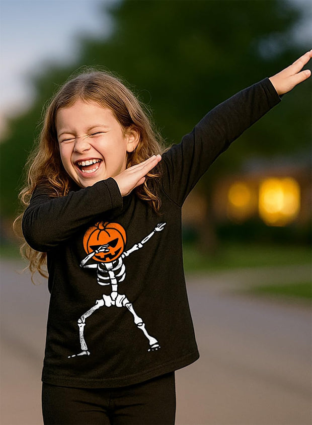 Dabbing Skeleton with Jack O' Lantern Kids Halloween Shirt - Youth Boys Girls Long Sleeve Tee