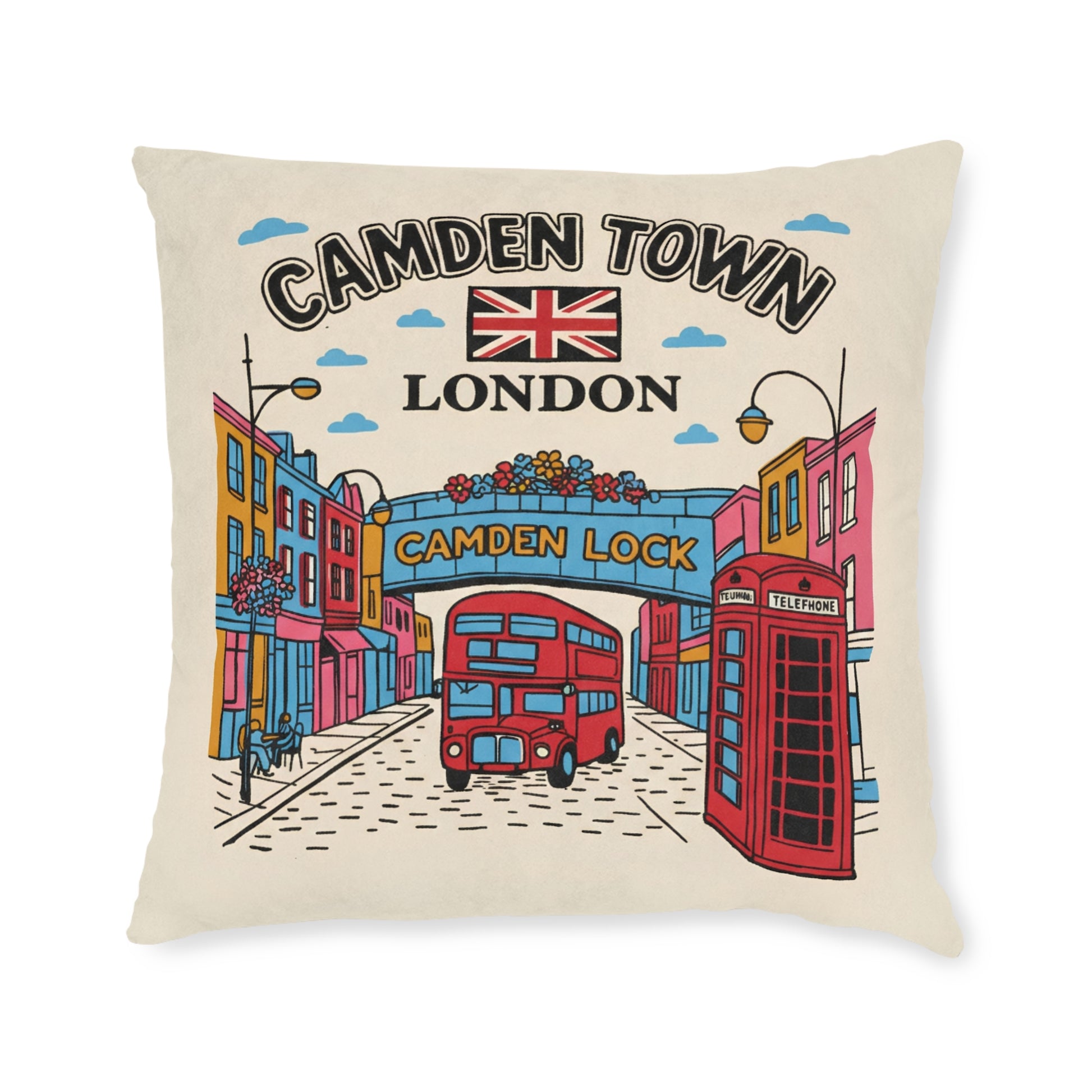 Camden Town London Square Pillow - Camden Lock Bus & Phone Box Decorative Cushion - householdessential