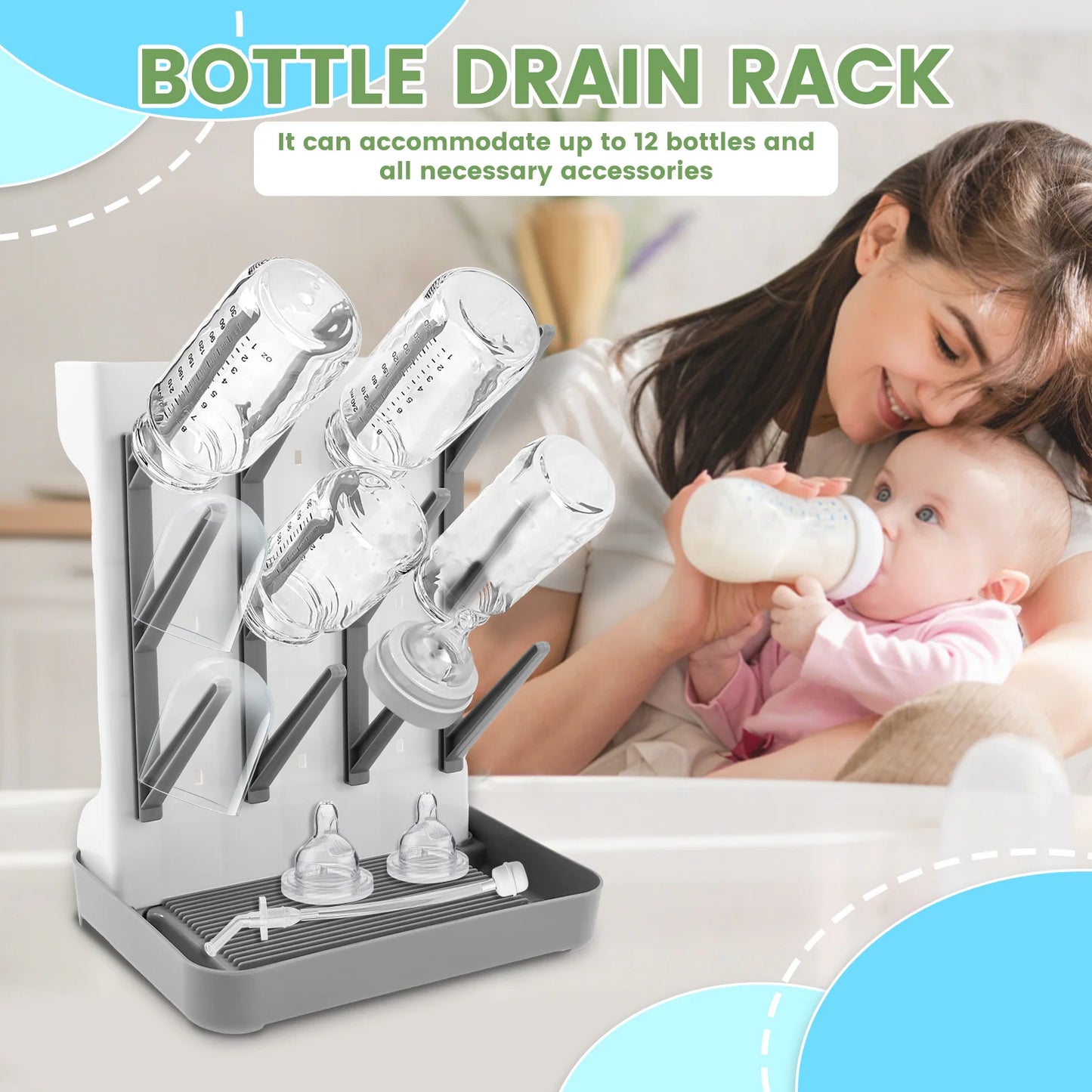 Large Capacity Baby Bottle Drying Rack with Removable Drip Tray - householdessential