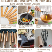 Kitchen Cooking Utensils Set, 33 Pcs Non-Stick Silicone Utensils Spatula Set with Holder, Wooden Handle Heat Resistant Silicone Kitchen Gadgets Utensil Set (Gray)