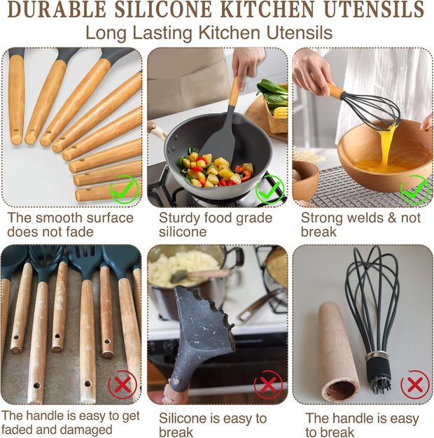 Kitchen Cooking Utensils Set, 33 Pcs Non-Stick Silicone Utensils Spatula Set with Holder, Wooden Handle Heat Resistant Silicone Kitchen Gadgets Utensil Set (Gray)