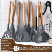 Kitchen Cooking Utensils Set, 33 Pcs Non-Stick Silicone Utensils Spatula Set with Holder, Wooden Handle Heat Resistant Silicone Kitchen Gadgets Utensil Set (Gray)