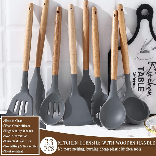 Kitchen Cooking Utensils Set, 33 Pcs Non-Stick Silicone Utensils Spatula Set with Holder, Wooden Handle Heat Resistant Silicone Kitchen Gadgets Utensil Set (Gray)