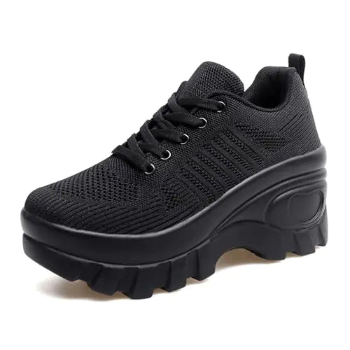 Pucepen Orthopedic Walking Shoes for Women Chunky Platform Comfort Wedge Walking Shoes for Women Non-Slip Breathable Slip-On Womens Trail Running Shoes (Black8)
