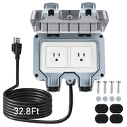 ZUYIYI Outdoor Power Outlet with 32.8Ft Extension Cord Double Plug Outlet Extender Weatherproof Waterproof IP66 Outdoor Electrical Outlet Box Exterior Wall Power Socket w/Cover for Garden Outside
