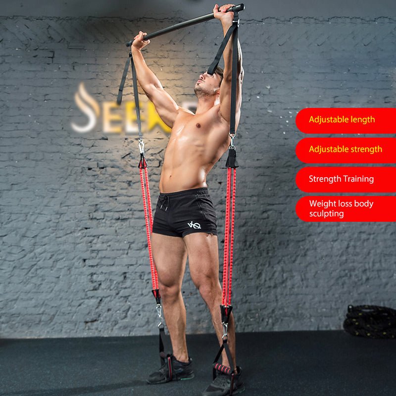 Body Workout Trainer Bar with Resistance Bands Rubber Buckles - householdessential