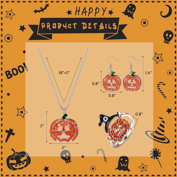 4Pcs Halloween Jewelry Set Thanksgiving Pumpkin Ring Necklace Earrings for Women Rhinestones Hook Dangle Earrings Pendant Necklace Adjustable Ring Halloween Costume Jewelry