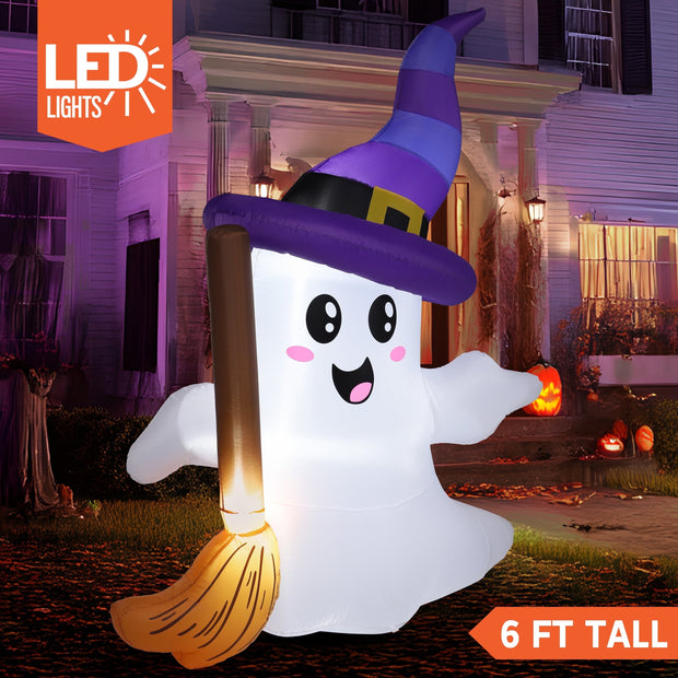 6Ft Halloween Inflatables Light up Cute Ghosts with Witch Hat,Halloween Decorations Outdoor,Blow up Halloween Yard Decorations