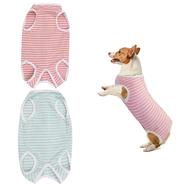 Dog Surgical Suit, Striped Dog Onesie Surgery Recovery Suit, Dog Surgical Vest, Post-Operative Bodysuit Dog, Pet after Surgery Wear Substitute E-Collar & Cone (Pink +Green S)