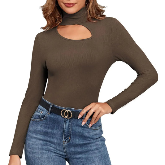 ZAFUL Sexy Fall Top Trends Women 2024 Long Sleeve Brown Mock Turtle Necks Tops Tight Shirts for Women Basics Cutout Womans Clothing S - householdessential