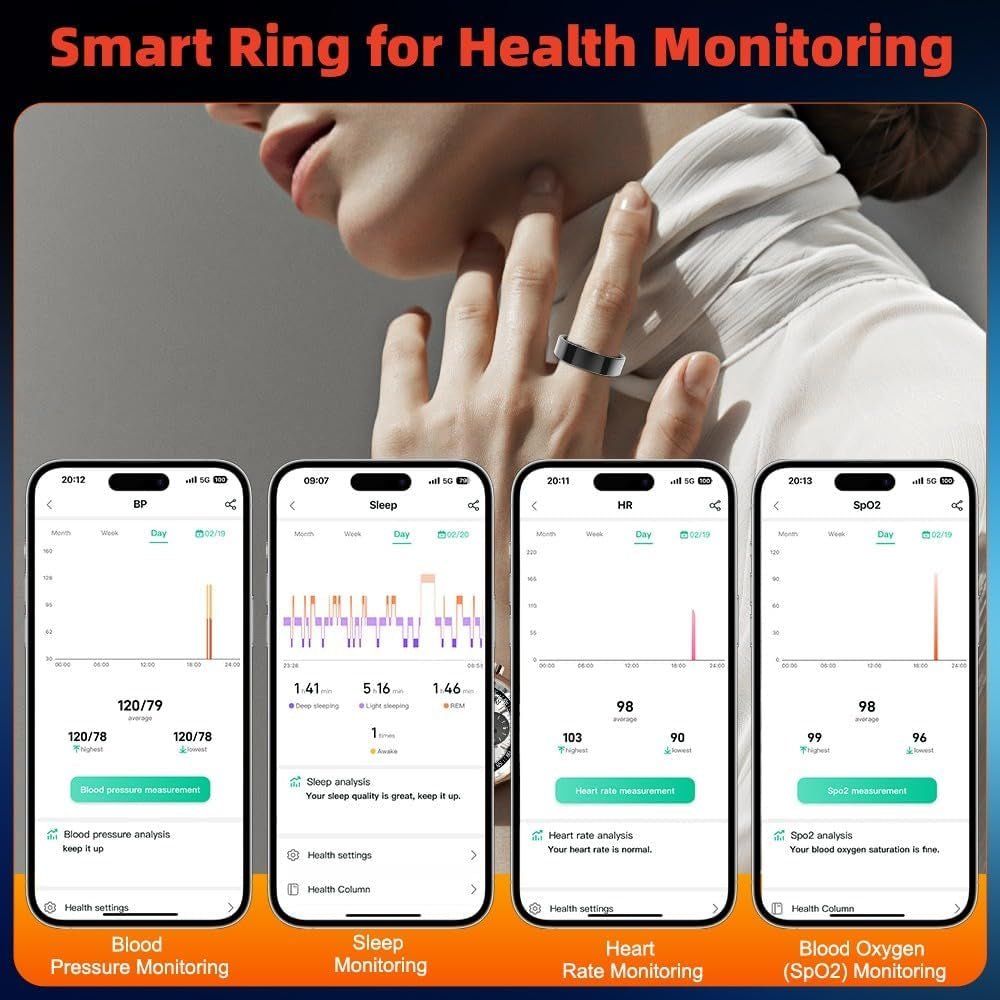 Smart Ring Health Tracker, Blood Pressure Monitoring Ring, IP68 Waterproof Fitness Ring - householdessential