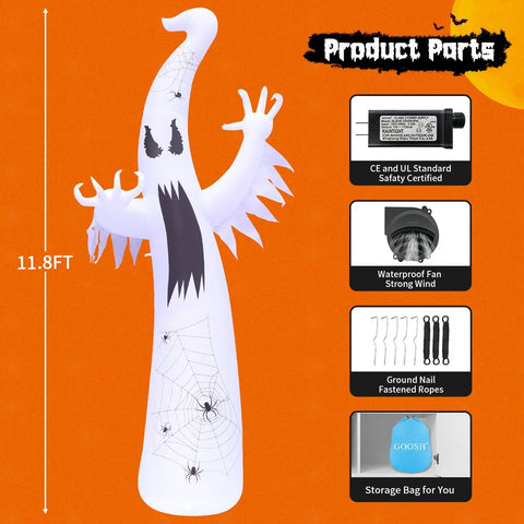 Halloween Inflatable 11.8 FT Inflatable Halloween Ghost, Inflatable Halloween Ghost Scary Blow up Ghost with LED Lights, Outdoor Halloween Decorations Clearance for Halloween/Holiday/Party