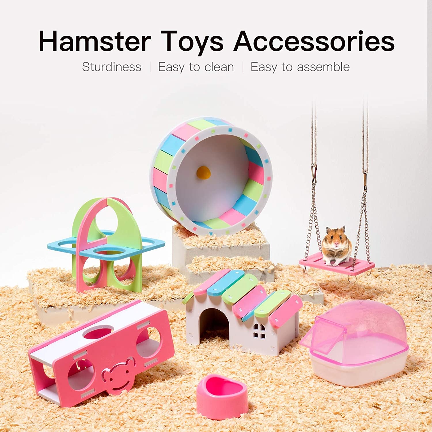 Silent Hamster Wheel Durable Chew Toys Pink Accessories Combo Pack - householdessential