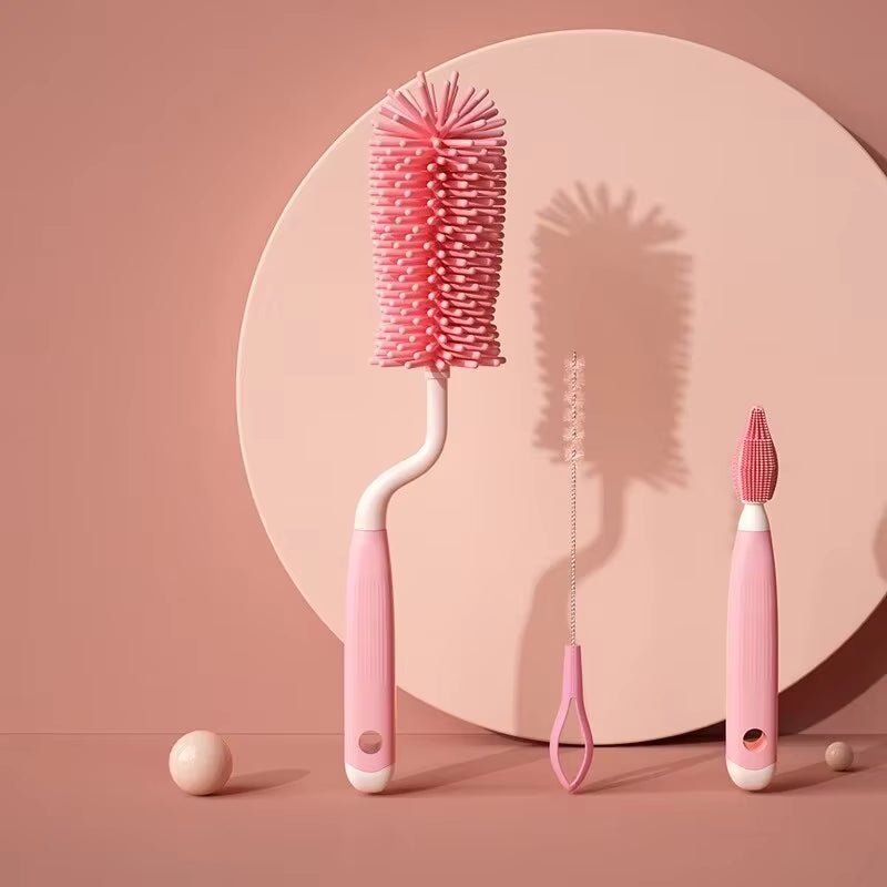 Baby Nipple & Silicone Bottle Brush Set with 360° Rotation - 3pc - householdessential