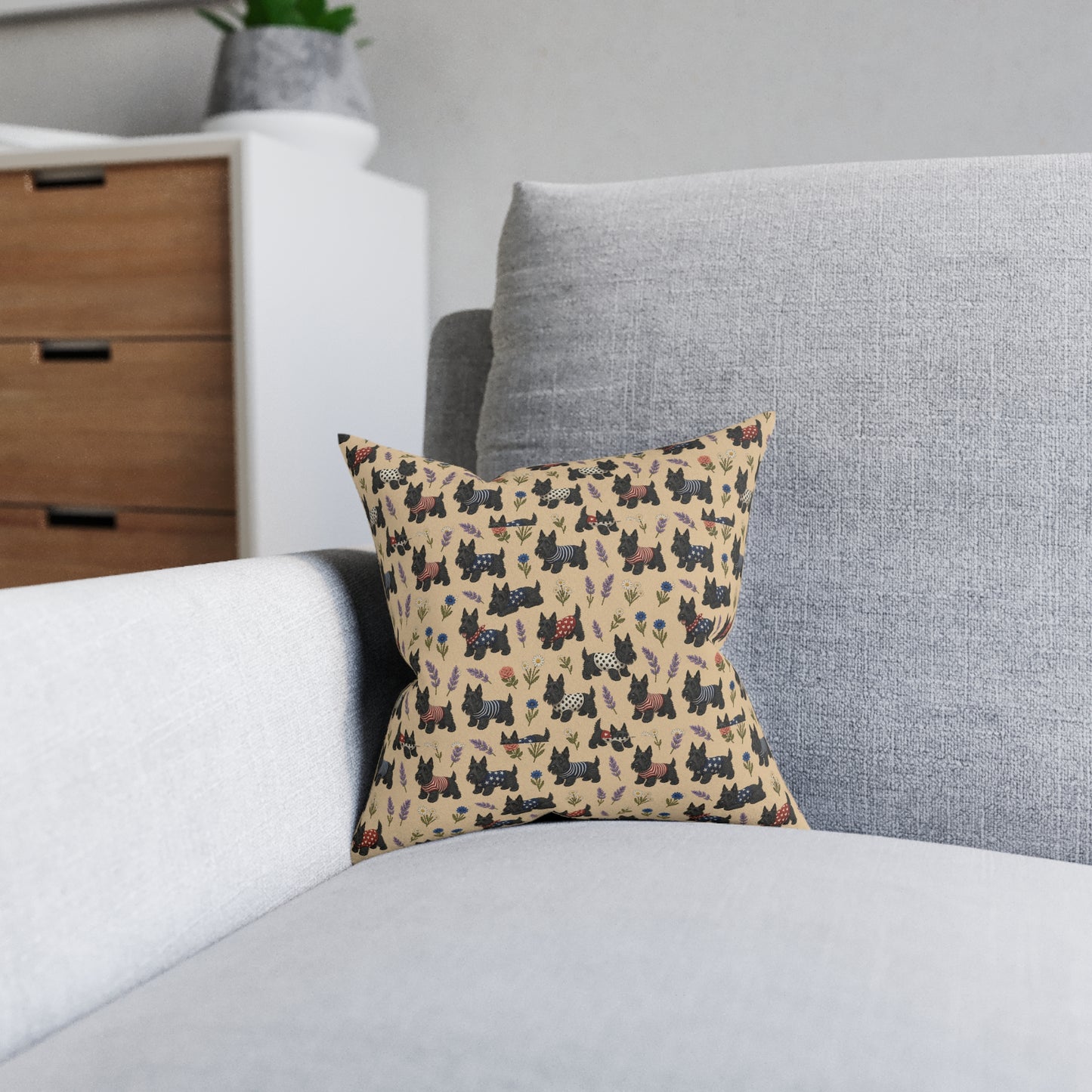 Scottie Dog Pattern Square Pillow - Cute Scottish Terrier Decorative Cushion - householdessential