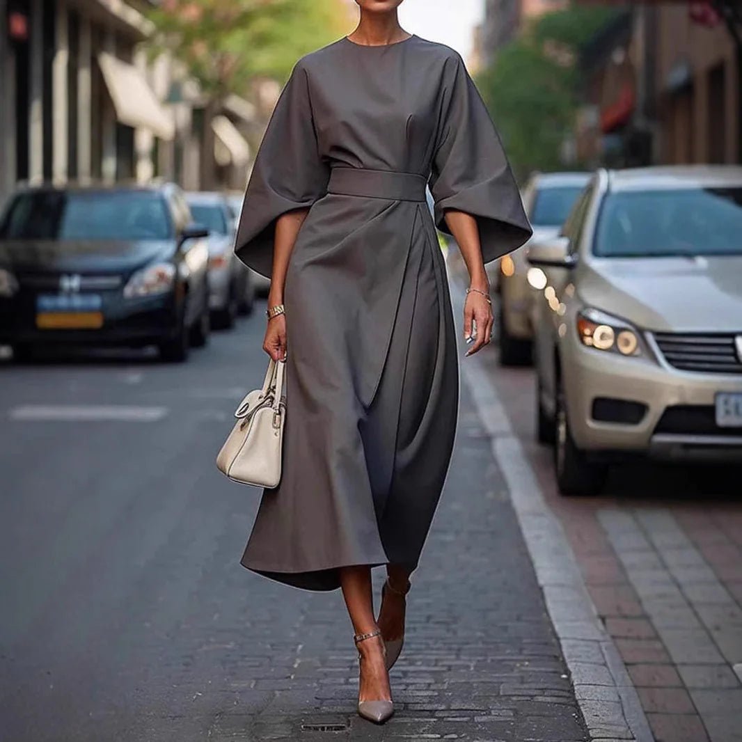 Loose Batwing Sleeve Dress Fashion Waist - tighted Solid Color Elegant Dresses For Women Clothing - householdessential