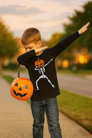 Dabbing Skeleton with Jack O' Lantern Kids Halloween Shirt - Youth Boys Girls Long Sleeve Tee