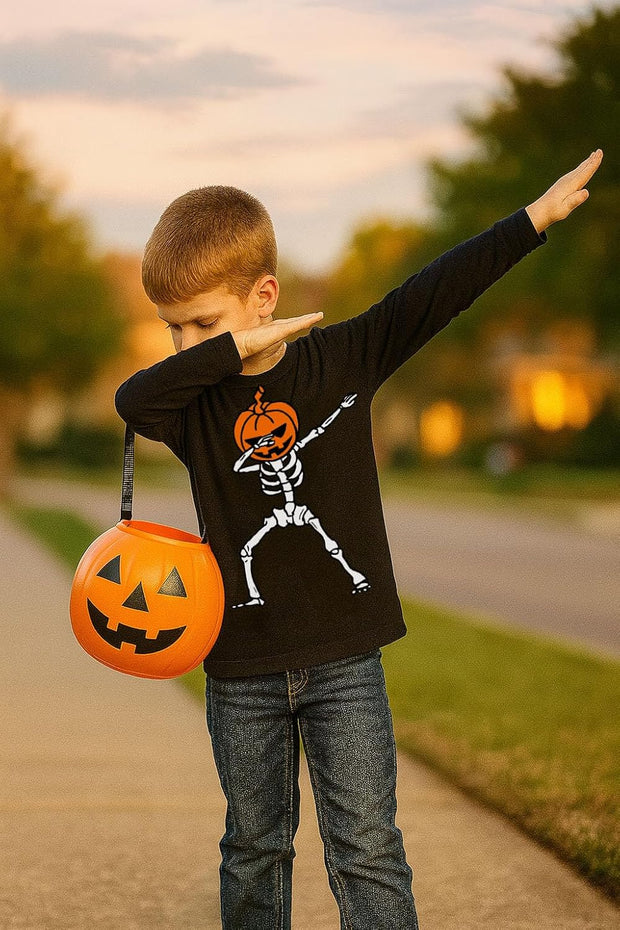 Dabbing Skeleton with Jack O' Lantern Kids Halloween Shirt - Youth Boys Girls Long Sleeve Tee