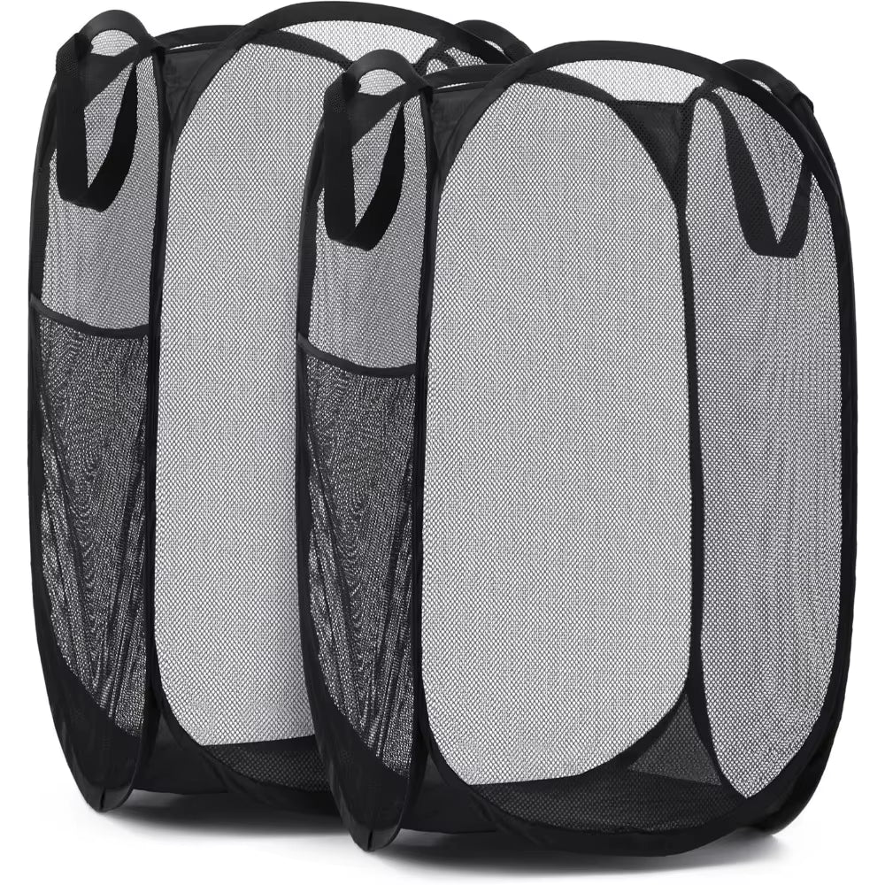 Collapsible Mesh Laundry Basket with Side Pocket - Breathable Clothes Storage Organizer - householdessential