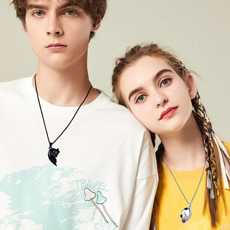 Black White Cute Cat Couple Necklace Set Gift for Couples - householdessential