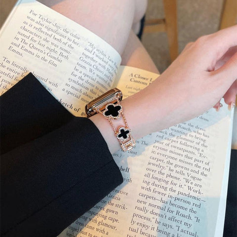 BUREI Black Shell Clover Slim Metal Bracelet for Apple Watch - Business & Dressy Strap Compatible Ultra 2/Ultra/Series 9-1/SE/SE2 (38-49Mm) Women & Men (Watch Not Included)