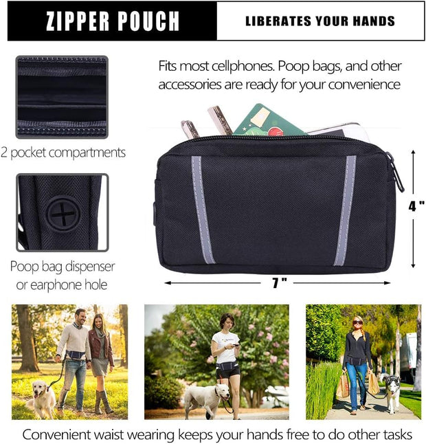 Hands Free Dog Leash, Waist Running Leash with Zipper, Walking Pouch for Medium Large Dogs, Dual Handle and Retractable Bungee for Training Jogging Hiking