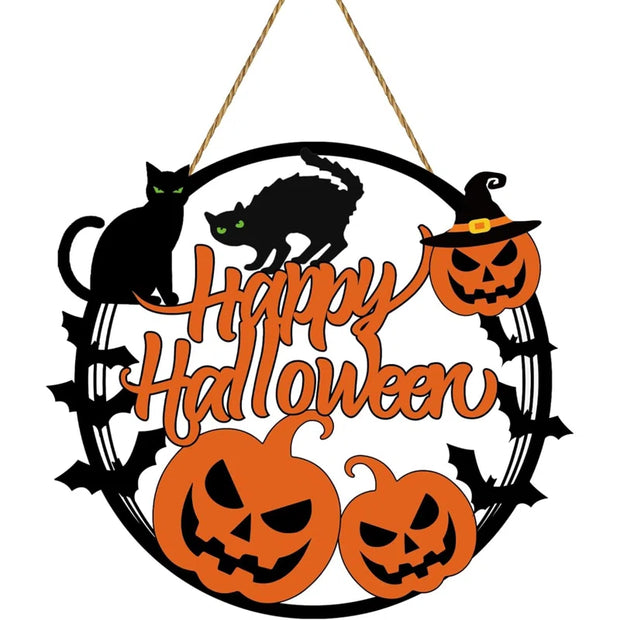 Halloween Wreath Happy Halloween Door Sign Halloween Door Decorations Scary Halloween Pumpkin Black Cat Wall Decor Wooden Halloween Door Hanger for Front Door Porch Office Halloween Indoor Home Decor