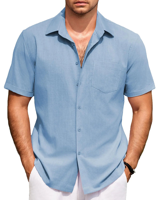COOFANDY Summer Shirts for Men Short Sleeve Collared Relaxed Fit Shirts Beach Vacation Untucked Dressy Shirts Light Sky Blue XXL 2XL