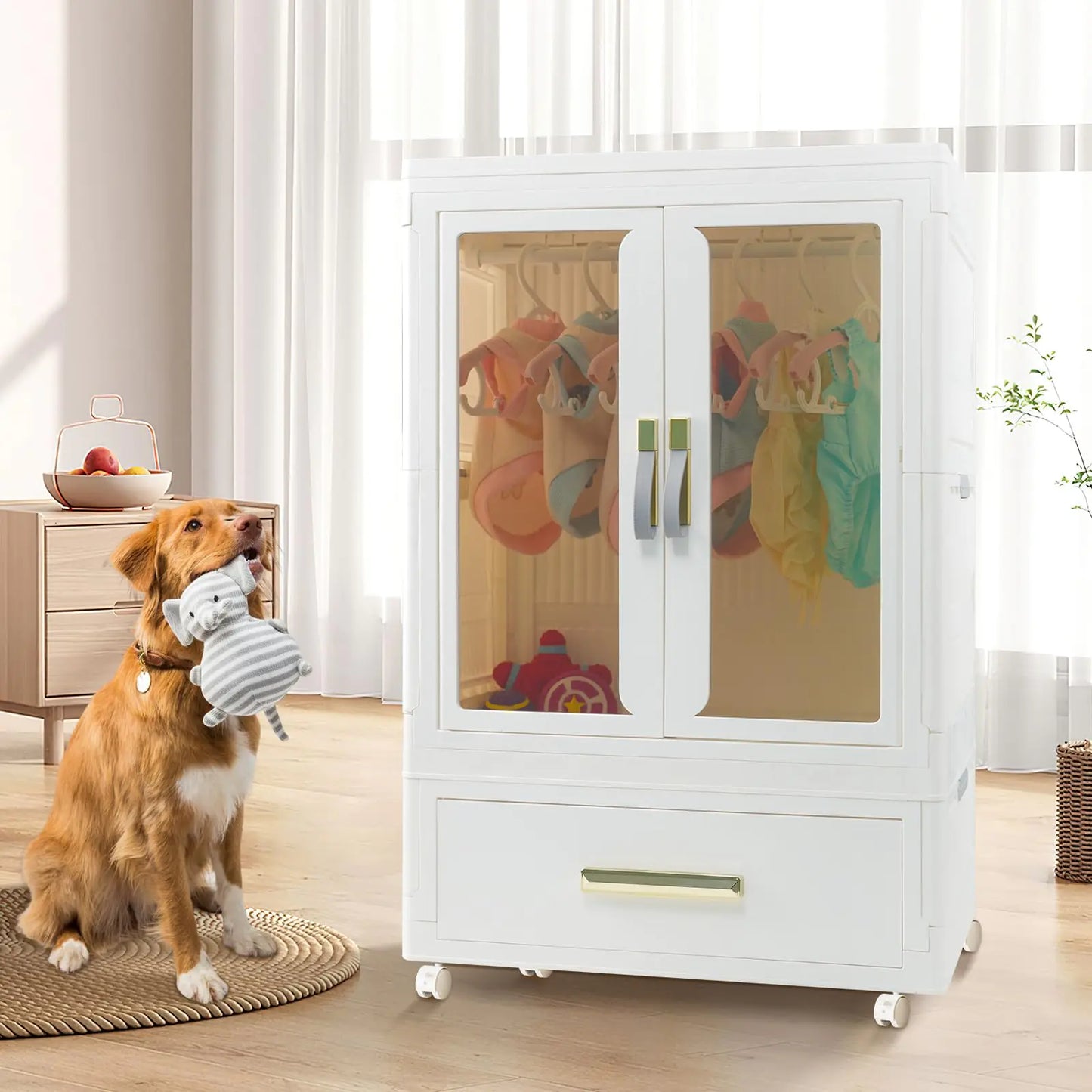 Pet Wardrobe Closet - Stackable Drawers Organizer with Wheels and Hanging Rods - householdessential