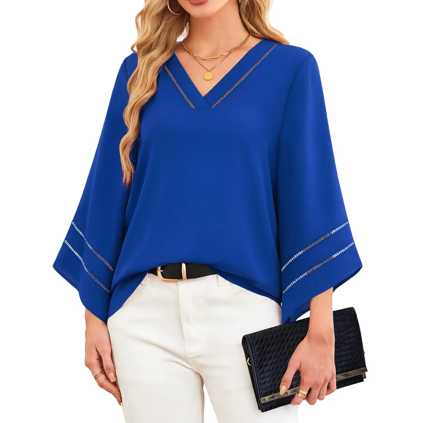 Lotusmile Womens Tops Dressy Casual Royal Blue Tops for Women Dressy Blouses for Women Evening Party Fashion Tops for Women Trendy 3/4 Sleeve Womens Fall Blouses Womens Business Casual Clothing - householdessential