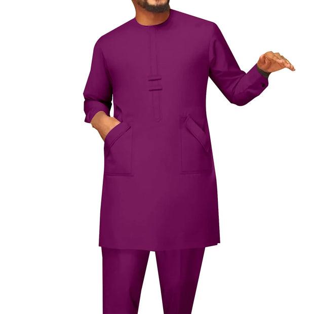 African Men Traditional Clothing Set Full Sleeve Dashiki Long Shirts and Pants 2 Piece Set African Suits Purple X-Large