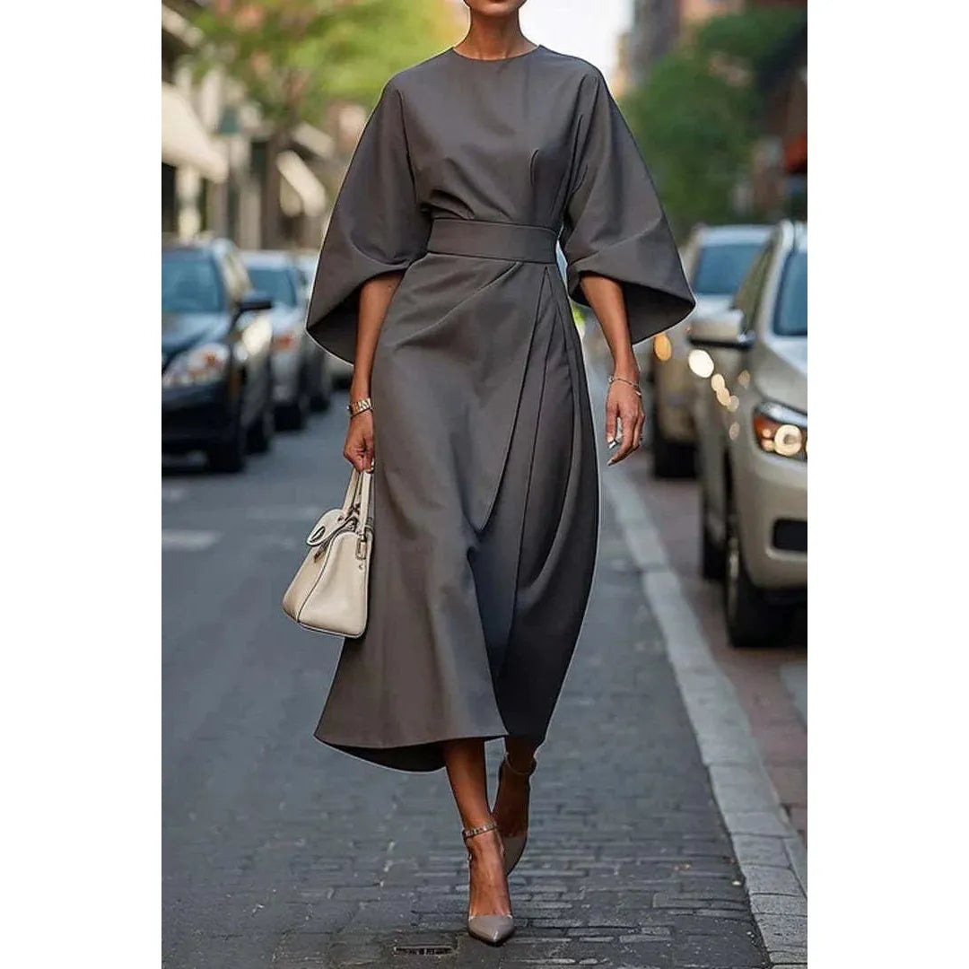Loose Batwing Sleeve Dress Fashion Waist - tighted Solid Color Elegant Dresses For Women Clothing - householdessential