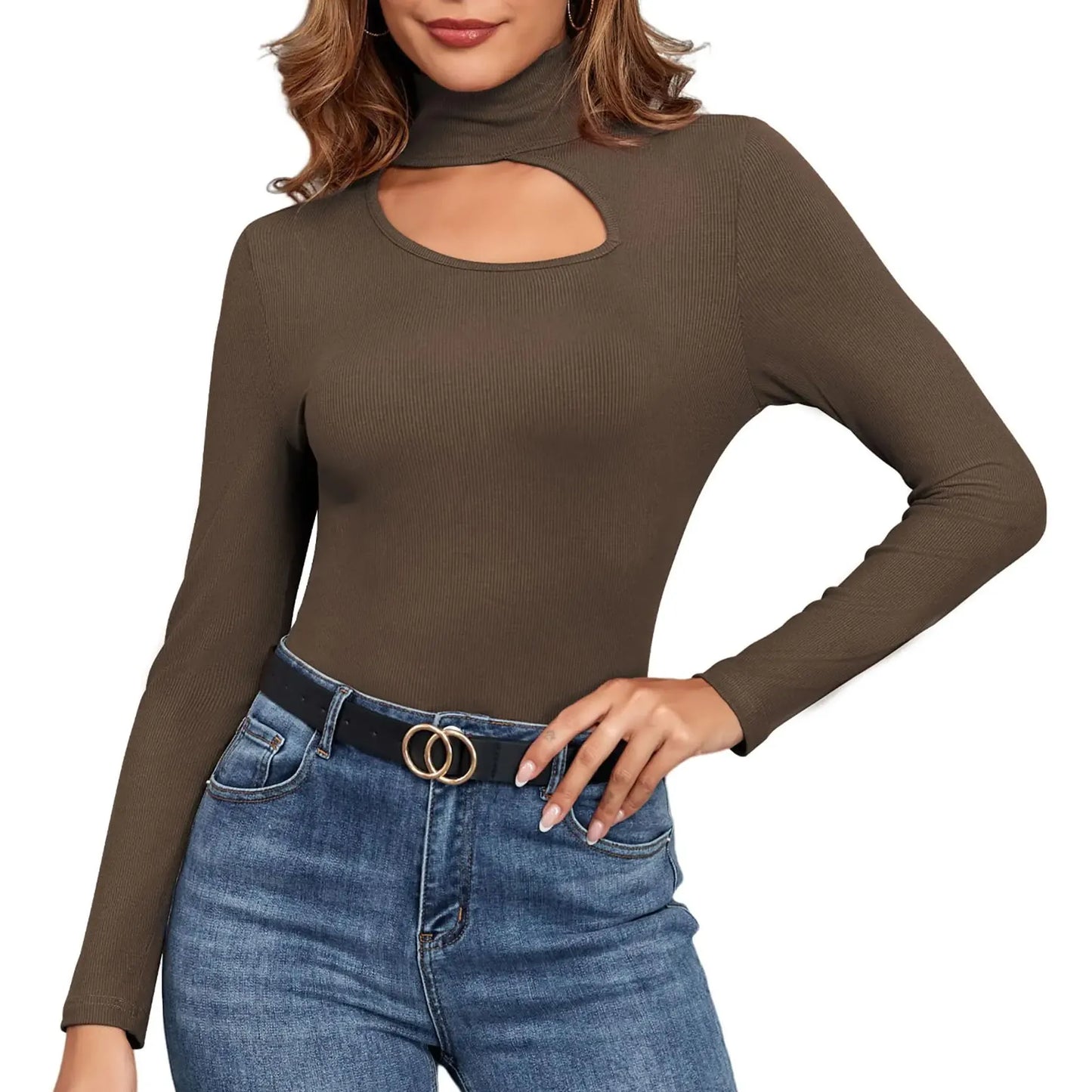 ZAFUL Sexy Fall Top Trends Women 2024 Long Sleeve Brown Mock Turtle Necks Tops Tight Shirts for Women Basics Cutout Womans Clothing S - householdessential