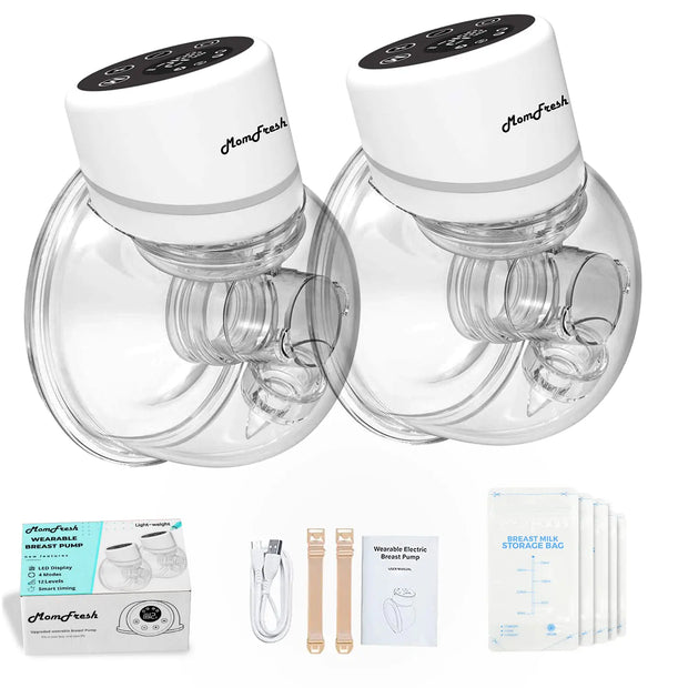 MOMFRESH Wearable Breast Pump Hands Free Breast Pump Electrical 4 Modes & 12 Levels 6th GEN 2023-UPGRADE BPA Free must breast feeding essentials rechargeable 24MM Flange & 17/19/21MM inserts LED Touch