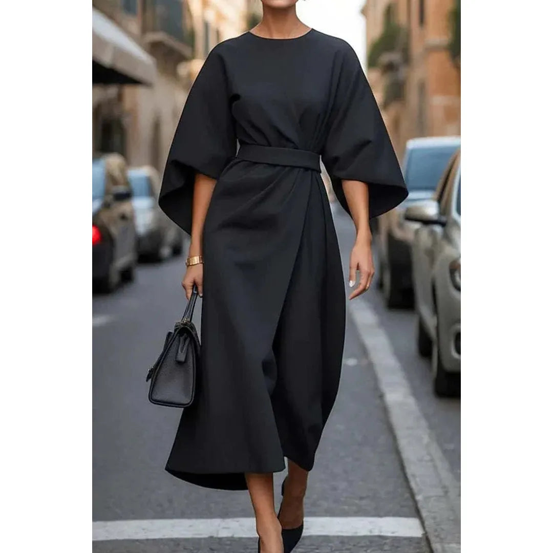 Loose Batwing Sleeve Dress Fashion Waist - tighted Solid Color Elegant Dresses For Women Clothing - householdessential