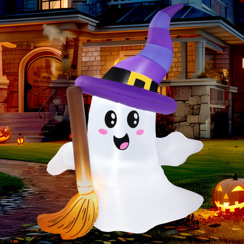 6Ft Halloween Inflatables Light up Cute Ghosts with Witch Hat,Halloween Decorations Outdoor,Blow up Halloween Yard Decorations