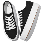 Waluzs Platform Sneakers for Women Low Top Platform Shoes Lace Up Womens Canvas Shoes Breathable White Tennis Shoes (BlackUS9)