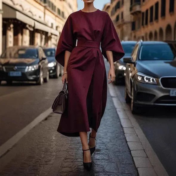Loose Batwing Sleeve Dress Fashion Waist - tighted Solid Color Elegant Dresses For Women Clothing - householdessential