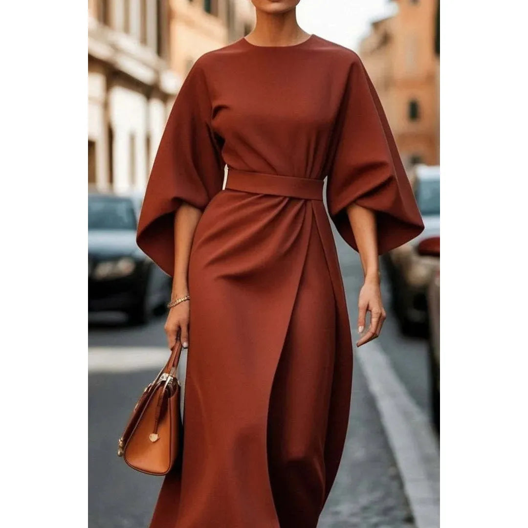 Loose Batwing Sleeve Dress Fashion Waist - tighted Solid Color Elegant Dresses For Women Clothing - householdessential