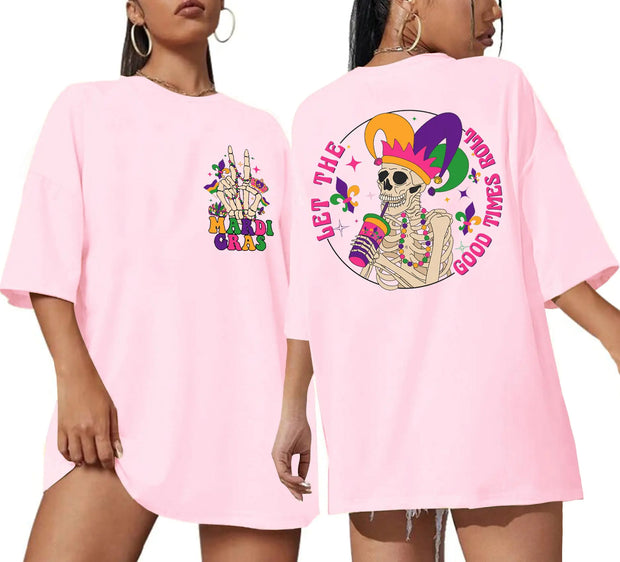 OCURHU Mardi Gras Shirts for Women Let The Good Times Roll Tops Funny Skeleton Graphic Mardi Gras Party Clothing Pink M
