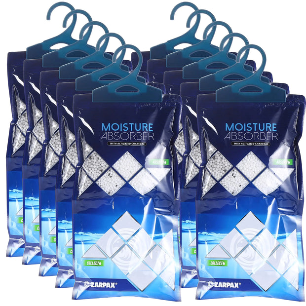 ZARPAX Hanging Moisture Absorber Activated Charcoal 10.6 oz/300g | Moisture Absorbing Bags for Bathroom Closet & Kitchen | Removes Moisture Humidity & Odors | Portable Dehumidifier | Set Of 10