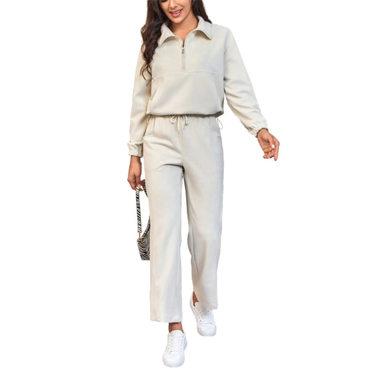 Women's 2-Piece Tracksuit Set | Half-Zip Sweatshirt & Wide Leg Joggers - householdessential