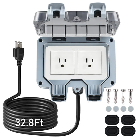 ZUYIYI Outdoor Power Outlet with 32.8Ft Extension Cord Double Plug Outlet Extender Weatherproof Waterproof IP66 Outdoor Electrical Outlet Box Exterior Wall Power Socket w/Cover for Garden Outside