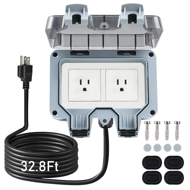 ZUYIYI Outdoor Power Outlet with 32.8Ft Extension Cord Double Plug Outlet Extender Weatherproof Waterproof IP66 Outdoor Electrical Outlet Box Exterior Wall Power Socket w/Cover for Garden Outside
